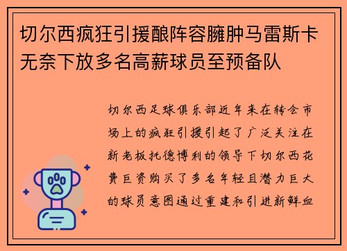 切尔西疯狂引援酿阵容臃肿马雷斯卡无奈下放多名高薪球员至预备队 切尔西疯狂引援酿阵容臃肿马雷斯卡无奈下放多名高薪球员至预备队